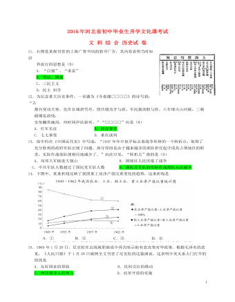 河北省2016年中考文綜（歷史部分）真題試題（含答案）