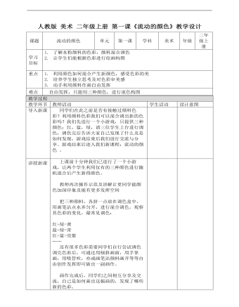 小學(xué)美術(shù)人教版二年級(jí)上冊(cè)《第1課流動(dòng)的顏色》教案說課稿