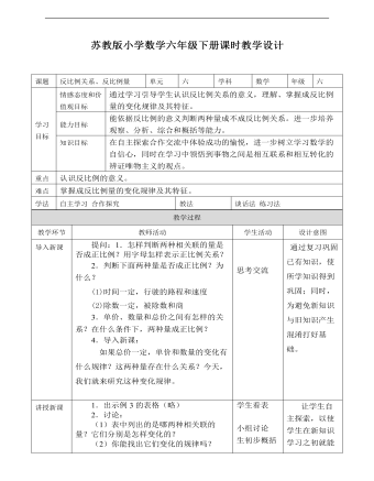 小學(xué)數(shù)學(xué)蘇教版六年級(jí)下冊(cè)《第六單元第三課反比例關(guān)系、反比例量》教學(xué)設(shè)計(jì)說課稿