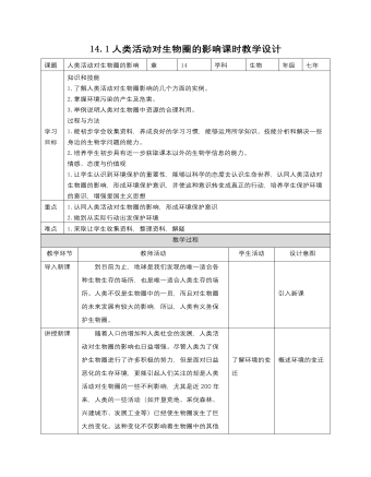 初中生物北師大版七年級(jí)下冊(cè)《第14章第1節(jié)人類活動(dòng)對(duì)生物圈的影響》教案